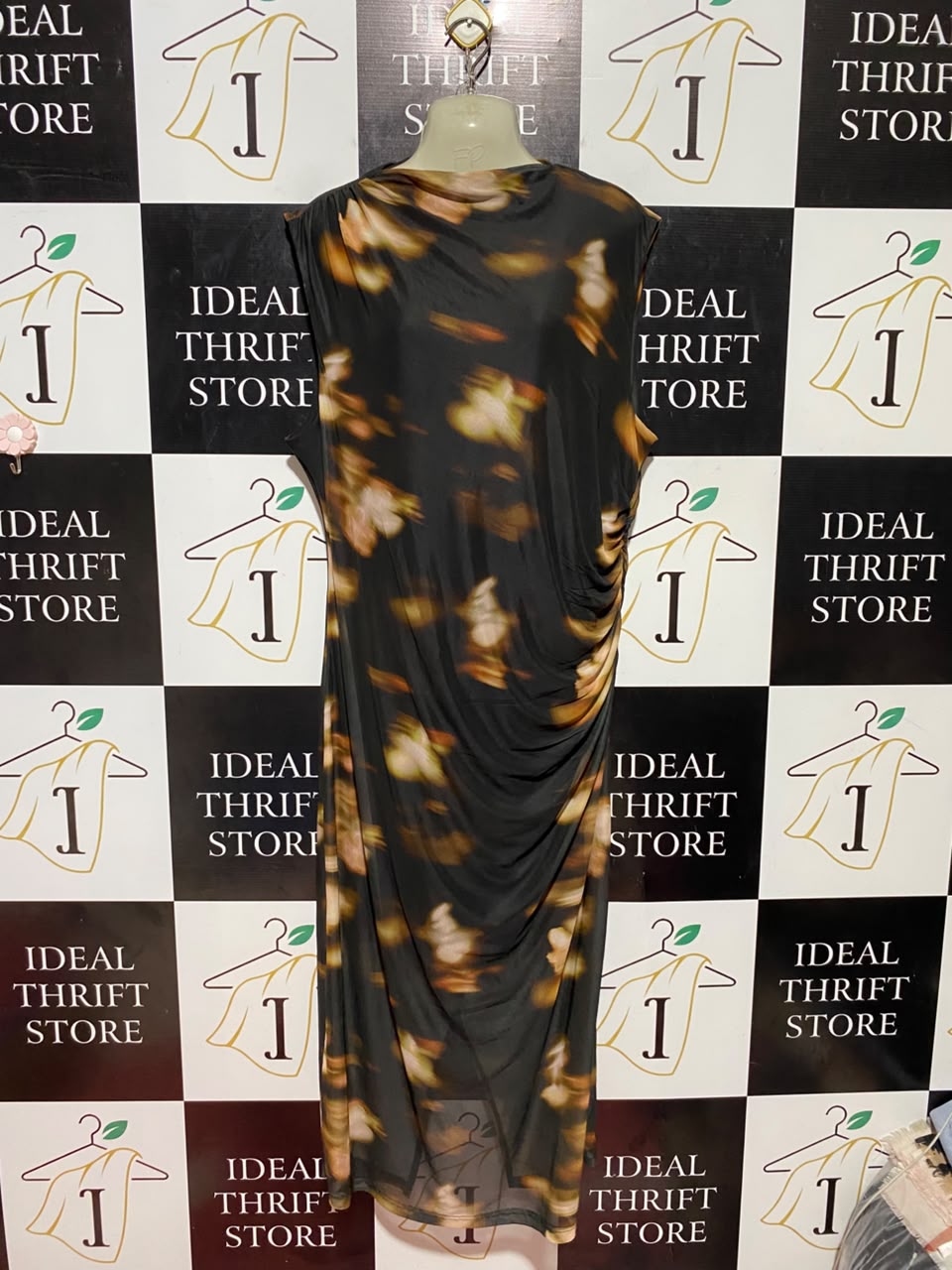 & ME |L| BUST 20| B37| ELEGANT RUCHED COWL NECK ABSTRACT PRINT MIDI DRESS SLEEVELESS BLACK GOLD COCKTAIL SHEATH DRESS