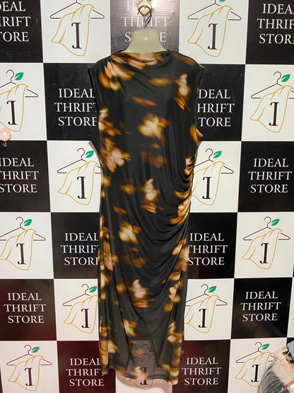 & ME |L| BUST 20| B37| ELEGANT RUCHED COWL NECK ABSTRACT PRINT MIDI DRESS SLEEVELESS BLACK GOLD COCKTAIL SHEATH DRESS