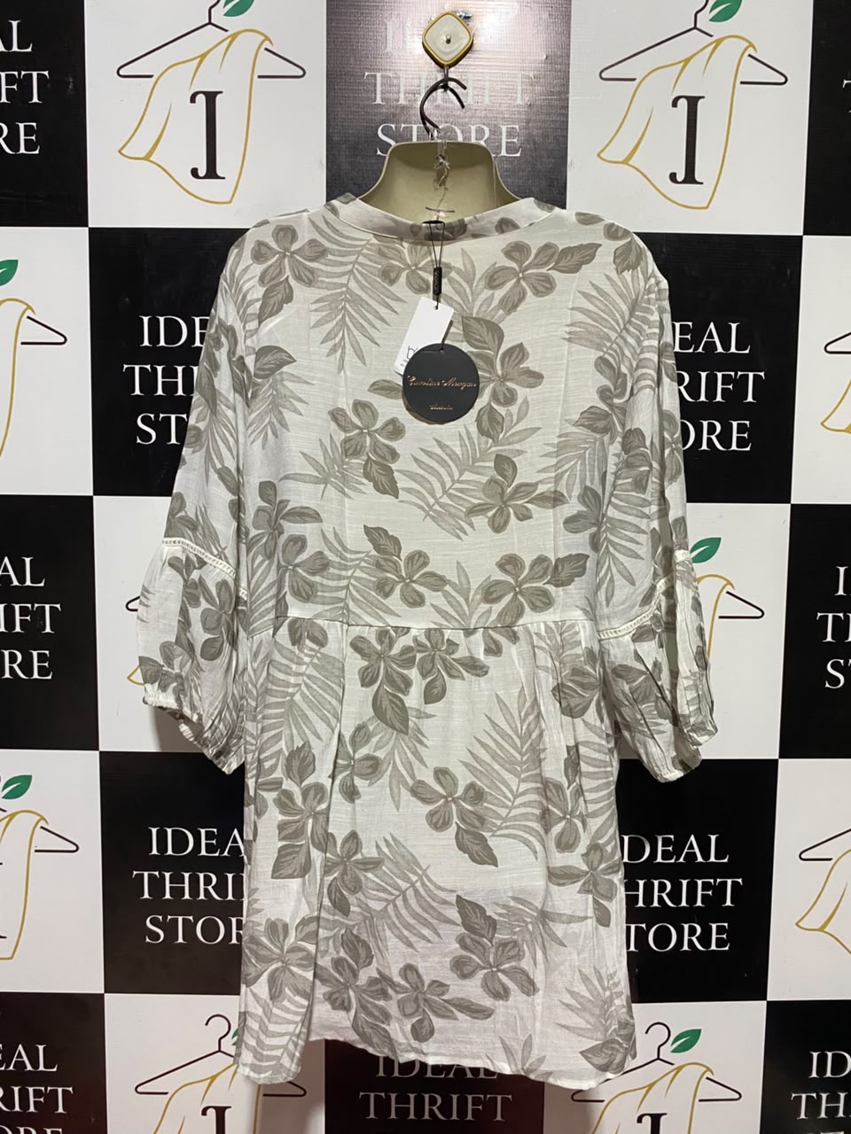 CAROLINE MORGAN |L| BUST 23| B37| ELEGANT GREY LILAC CHAIN LINK PRINT MANDARIN COLLAR BUTTON UP LONG SLEEVE BLOUSE
