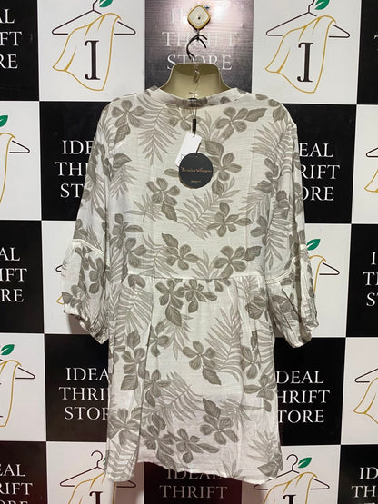 CAROLINE MORGAN |L| BUST 23| B37| ELEGANT GREY LILAC CHAIN LINK PRINT MANDARIN COLLAR BUTTON UP LONG SLEEVE BLOUSE