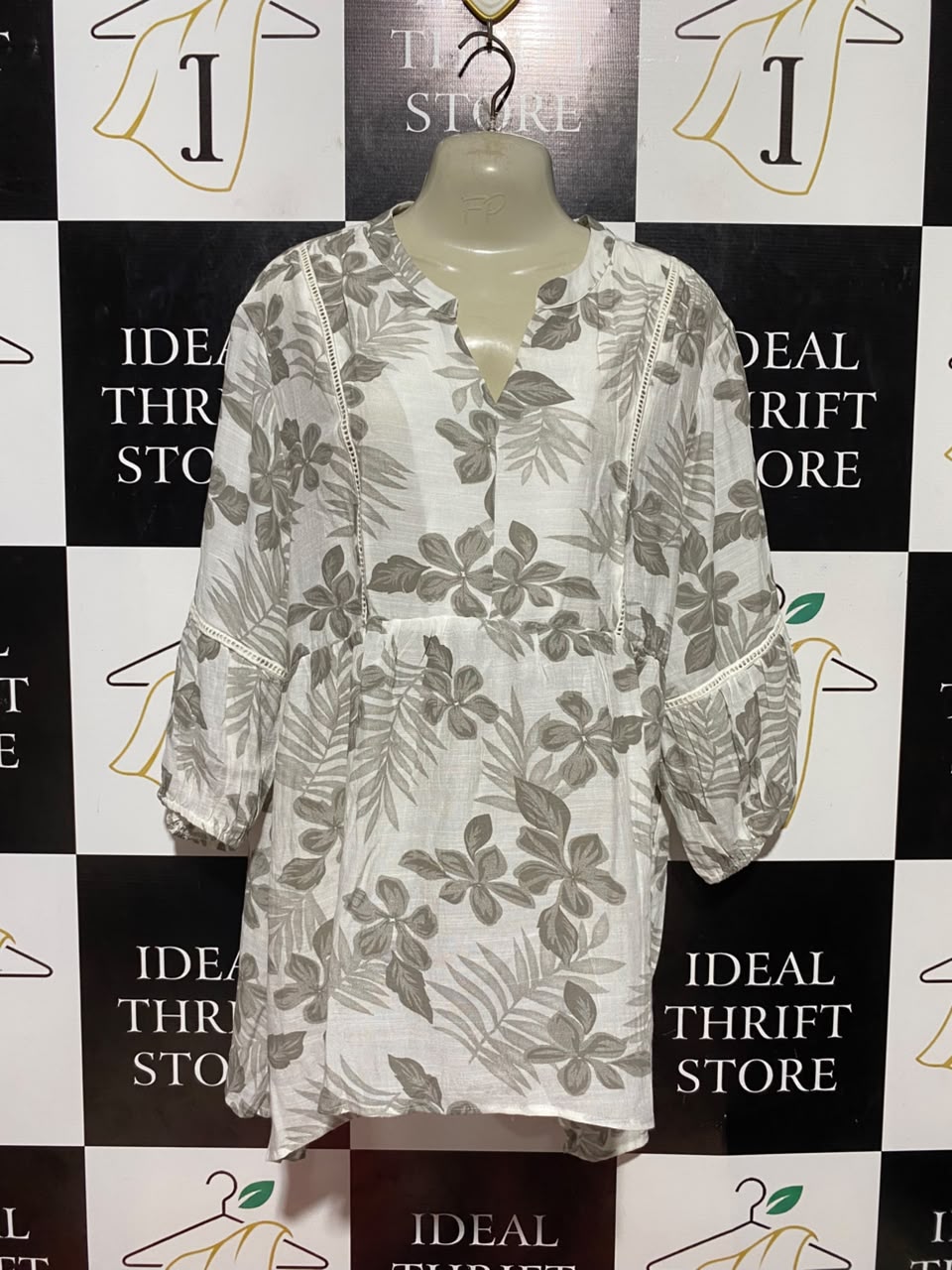 CAROLINE MORGAN |L| BUST 23| B37| ELEGANT GREY LILAC CHAIN LINK PRINT MANDARIN COLLAR BUTTON UP LONG SLEEVE BLOUSE