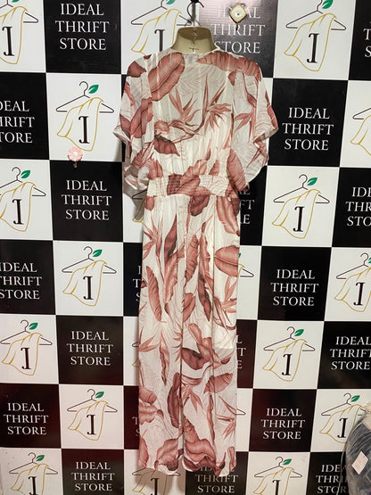 BASQUE |M| BUST FREE |B37| WOMEN'S TROPICAL LEAF PRINT V-NECK MAXI DRESS WITH SMOCKED WAIST AND FLUTTER SLEEVES