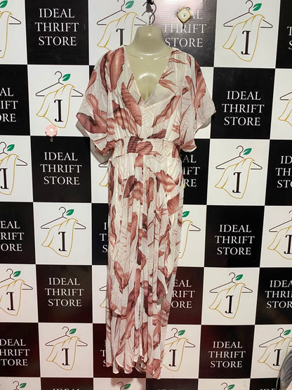 BASQUE |M| BUST FREE |B37| WOMEN'S TROPICAL LEAF PRINT V-NECK MAXI DRESS WITH SMOCKED WAIST AND FLUTTER SLEEVES
