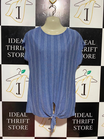 W5 |S| BUST FREE |B37| WOMEN'S CASUAL CHAMBRAY BLUE VERTICAL STRIPE ROUND NECK TOP WITH FRONT TIE