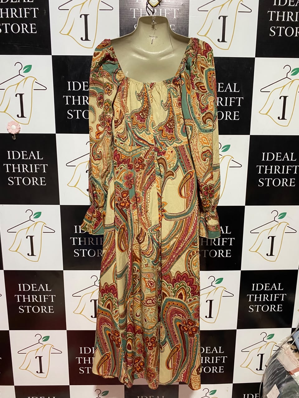 SHEIN |M| BUST 18| B37| WOMEN'S VINTAGE PAISLEY PRINT SQUARE NECK MAXI DRESS WITH RUFFLED LONG SLEEVES AND TIE-FRONT