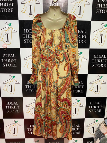 SHEIN |M| BUST 18| B37| WOMEN'S VINTAGE PAISLEY PRINT SQUARE NECK MAXI DRESS WITH RUFFLED LONG SLEEVES AND TIE-FRONT