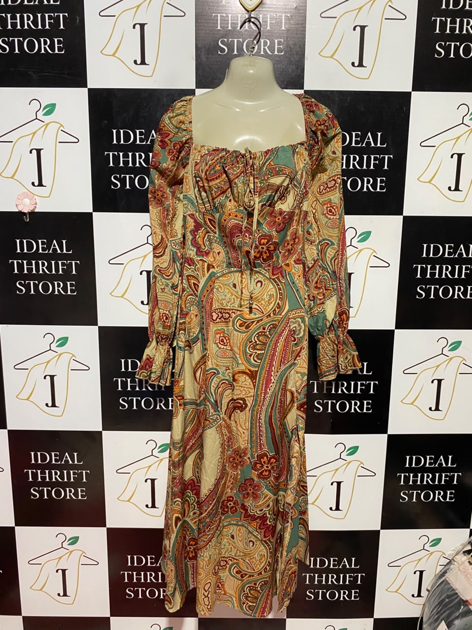 SHEIN |M| BUST 18| B37| WOMEN'S VINTAGE PAISLEY PRINT SQUARE NECK MAXI DRESS WITH RUFFLED LONG SLEEVES AND TIE-FRONT