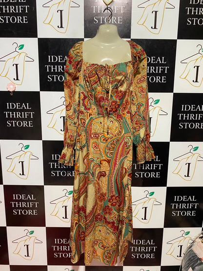 SHEIN |M| BUST 18| B37| WOMEN'S VINTAGE PAISLEY PRINT SQUARE NECK MAXI DRESS WITH RUFFLED LONG SLEEVES AND TIE-FRONT