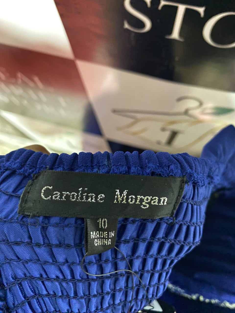 CAROLINE MORGAN |M| BUST 18| B37| WOMEN'S ROYAL BLUE V-NECK MAXI GOWN WITH METALLIC LACE BODICE AND RHINESTONE EMBELLISHED WAISTBAND