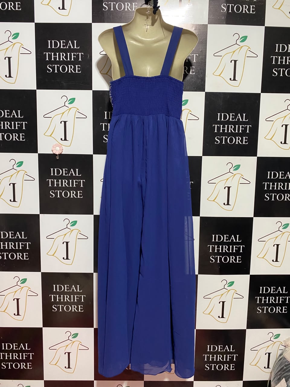 CAROLINE MORGAN |M| BUST 18| B37| WOMEN'S ROYAL BLUE V-NECK MAXI GOWN WITH METALLIC LACE BODICE AND RHINESTONE EMBELLISHED WAISTBAND