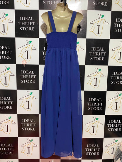 CAROLINE MORGAN |M| BUST 18| B37| WOMEN'S ROYAL BLUE V-NECK MAXI GOWN WITH METALLIC LACE BODICE AND RHINESTONE EMBELLISHED WAISTBAND