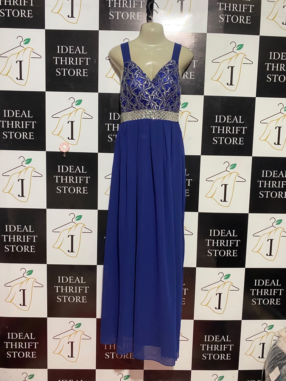 CAROLINE MORGAN |M| BUST 18| B37| WOMEN'S ROYAL BLUE V-NECK MAXI GOWN WITH METALLIC LACE BODICE AND RHINESTONE EMBELLISHED WAISTBAND