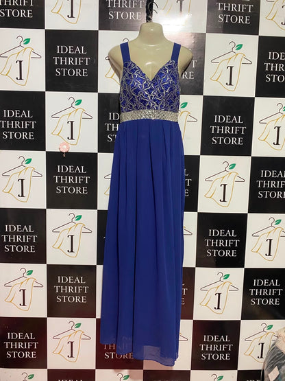 CAROLINE MORGAN |M| BUST 18| B37| WOMEN'S ROYAL BLUE V-NECK MAXI GOWN WITH METALLIC LACE BODICE AND RHINESTONE EMBELLISHED WAISTBAND