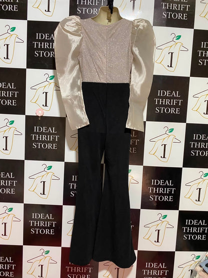SHEIN |XS| BUST 15| B36| WOMEN'S ELEGANT TWO-TONE PARTY JUMPSUIT WITH GLITTER SHIMMER V-NECK BODICE AND SATIN PUFF LONG SLEEVES