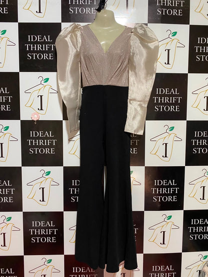 SHEIN |XS| BUST 15| B36| WOMEN'S ELEGANT TWO-TONE PARTY JUMPSUIT WITH GLITTER SHIMMER V-NECK BODICE AND SATIN PUFF LONG SLEEVES