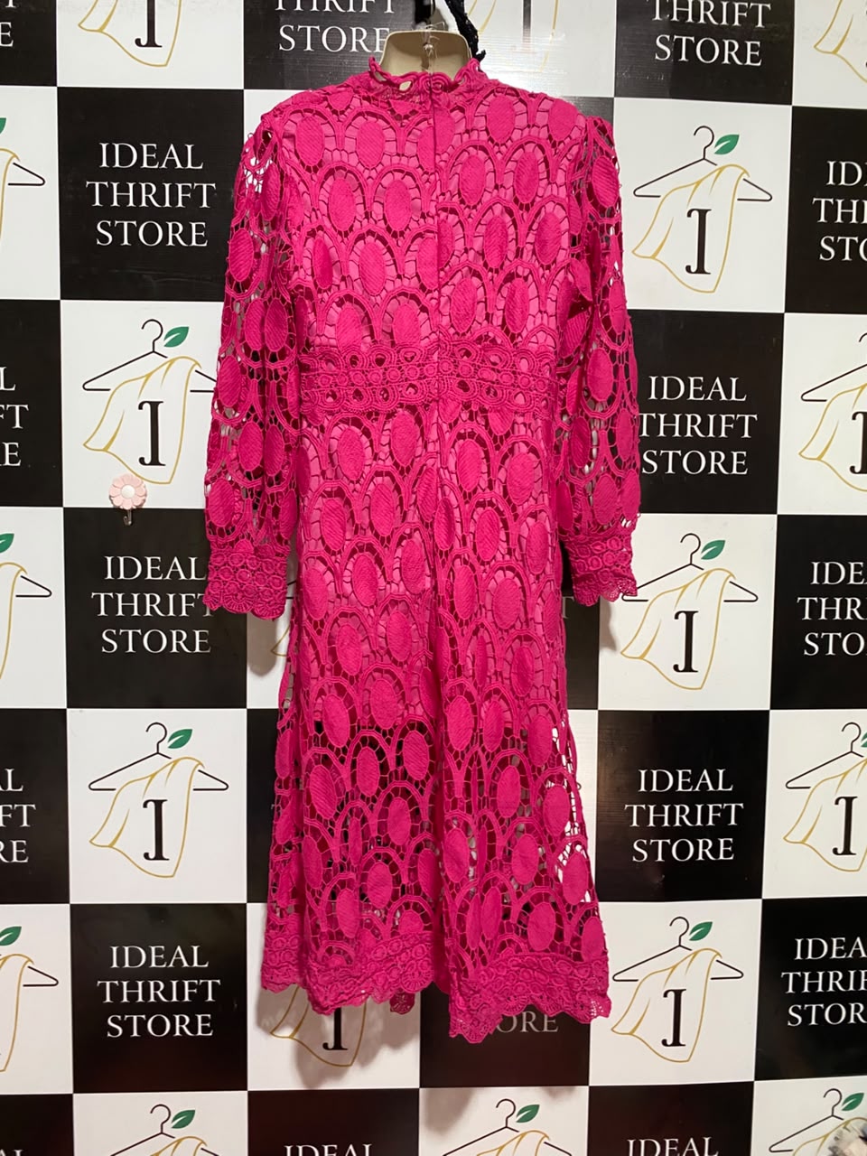 |M| BUST 18| B36| WOMEN'S VIBRANT HOT PINK MOCK NECK EYELET LACE MIDI DRESS WITH LONG PUFF SLEEVES