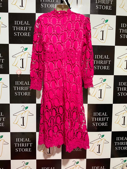 |M| BUST 18| B36| WOMEN'S VIBRANT HOT PINK MOCK NECK EYELET LACE MIDI DRESS WITH LONG PUFF SLEEVES