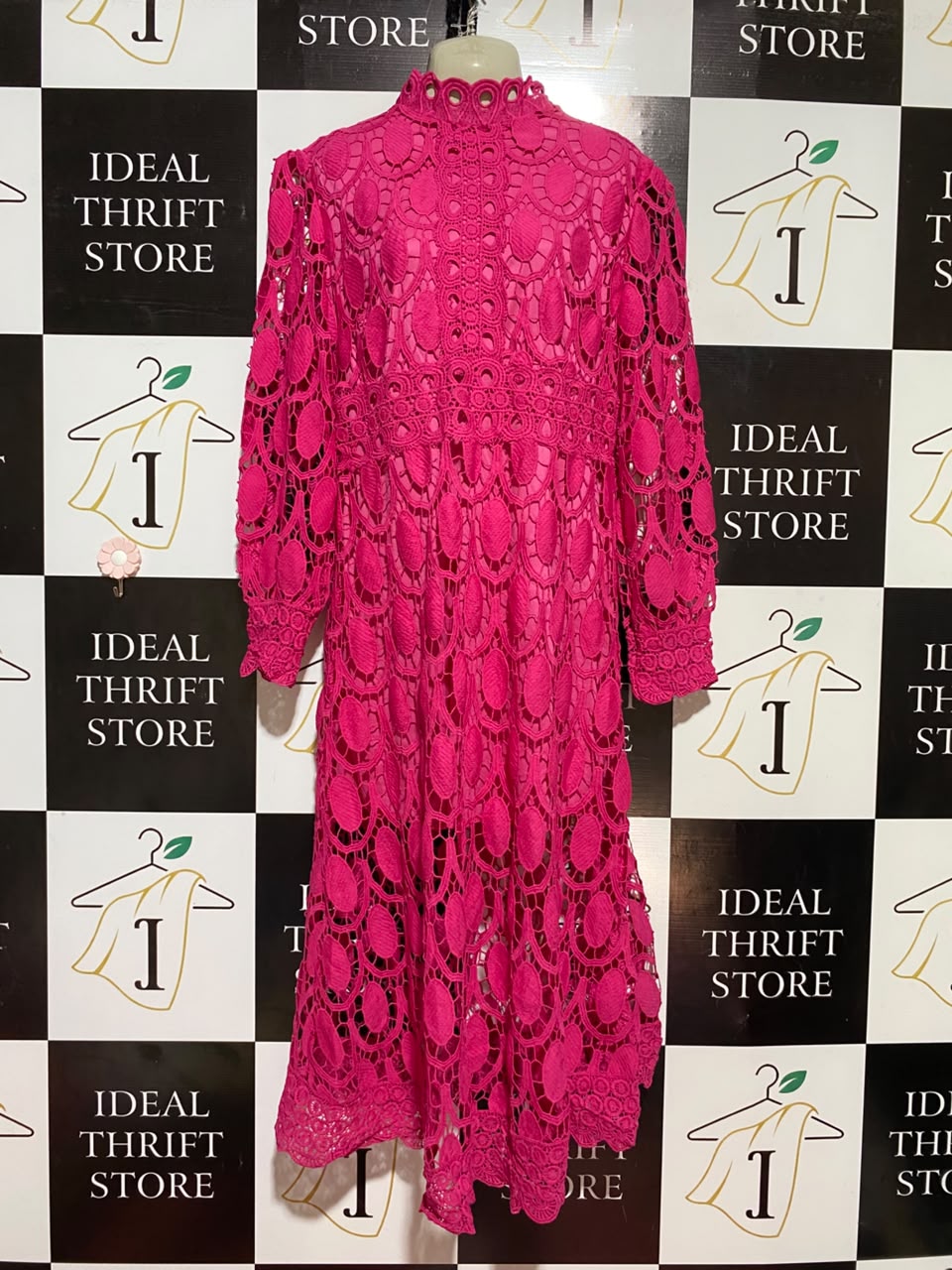 |M| BUST 18| B36| WOMEN'S VIBRANT HOT PINK MOCK NECK EYELET LACE MIDI DRESS WITH LONG PUFF SLEEVES