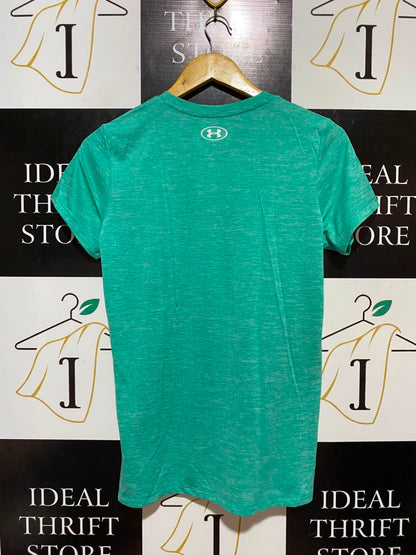 UNDER ARMOUR |M| BUST 18| B36| WOMEN'S HEATGEAR SHORT SLEEVE V-NECK ATHLETIC T-SHIRT IN HEATHER GREEN