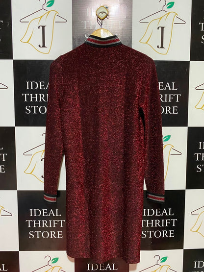 VERO MODA |M| BUST 17| B36| WOMEN'S SHIMMERING SHIELD RED GLITTER MOCK NECK HALF-ZIP MINI DRESS WITH STRIPED CUFFS