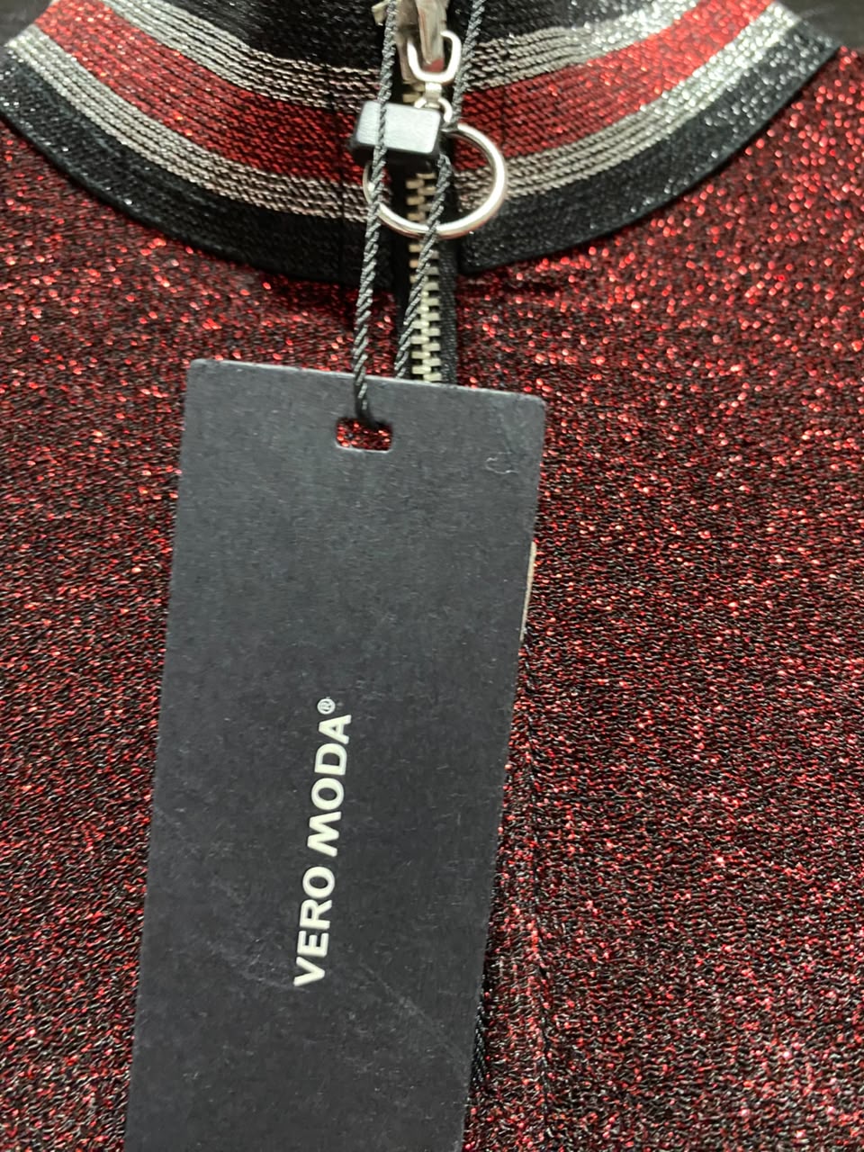 VERO MODA |M| BUST 17| B36| WOMEN'S SHIMMERING SHIELD RED GLITTER MOCK NECK HALF-ZIP MINI DRESS WITH STRIPED CUFFS