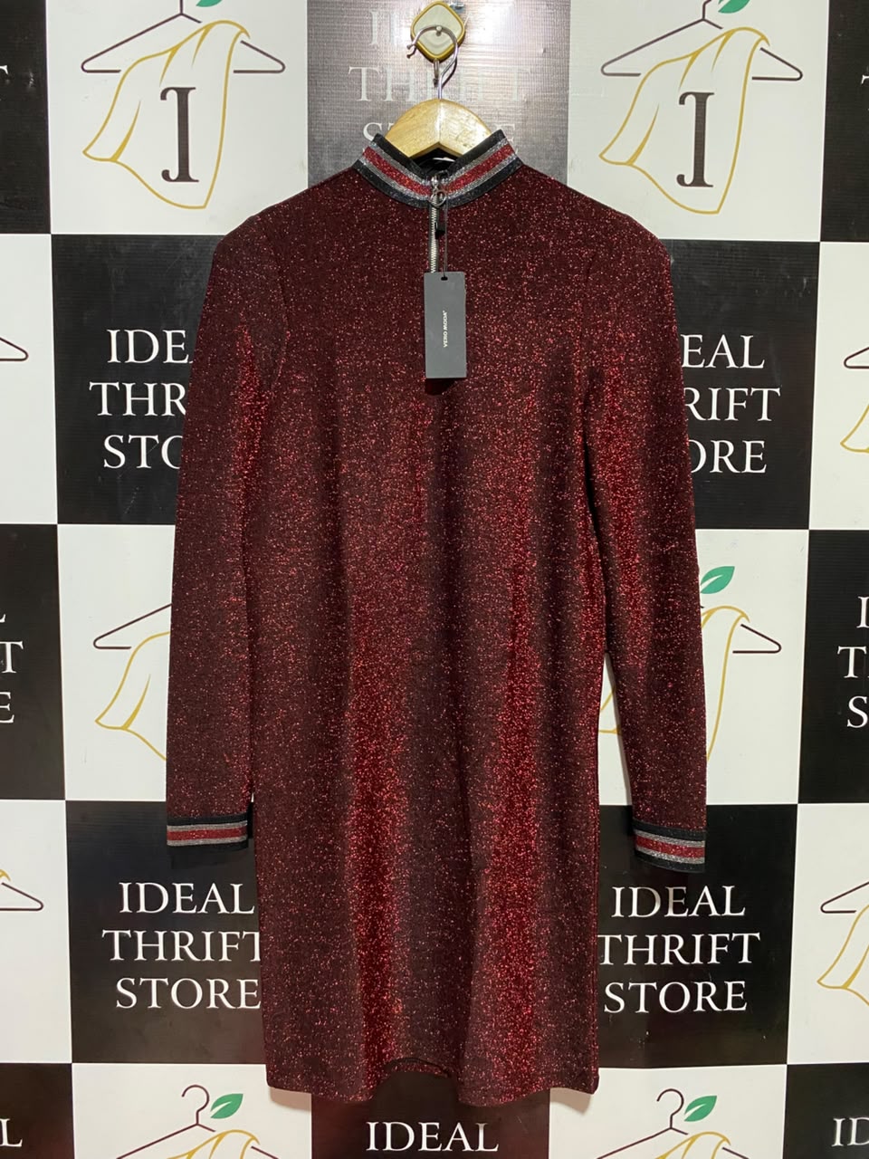 VERO MODA |M| BUST 17| B36| WOMEN'S SHIMMERING SHIELD RED GLITTER MOCK NECK HALF-ZIP MINI DRESS WITH STRIPED CUFFS