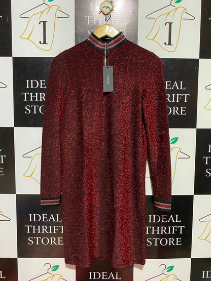 VERO MODA |M| BUST 17| B36| WOMEN'S SHIMMERING SHIELD RED GLITTER MOCK NECK HALF-ZIP MINI DRESS WITH STRIPED CUFFS