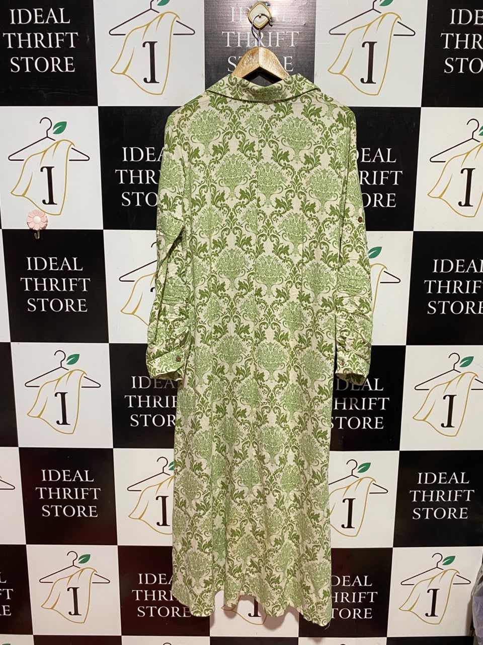 VALLEY GIRL |XL| BUST 22| B36| WOMEN'S ELEGANT GREEN DAMASK PRINT BUTTON-DOWN MIDI DRESS WITH SHIRT COLLAR AND LONG CONVERTIBLE SLEEVES