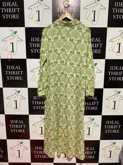 VALLEY GIRL |XL| BUST 22| B36| WOMEN'S ELEGANT GREEN DAMASK PRINT BUTTON-DOWN MIDI DRESS WITH SHIRT COLLAR AND LONG CONVERTIBLE SLEEVES