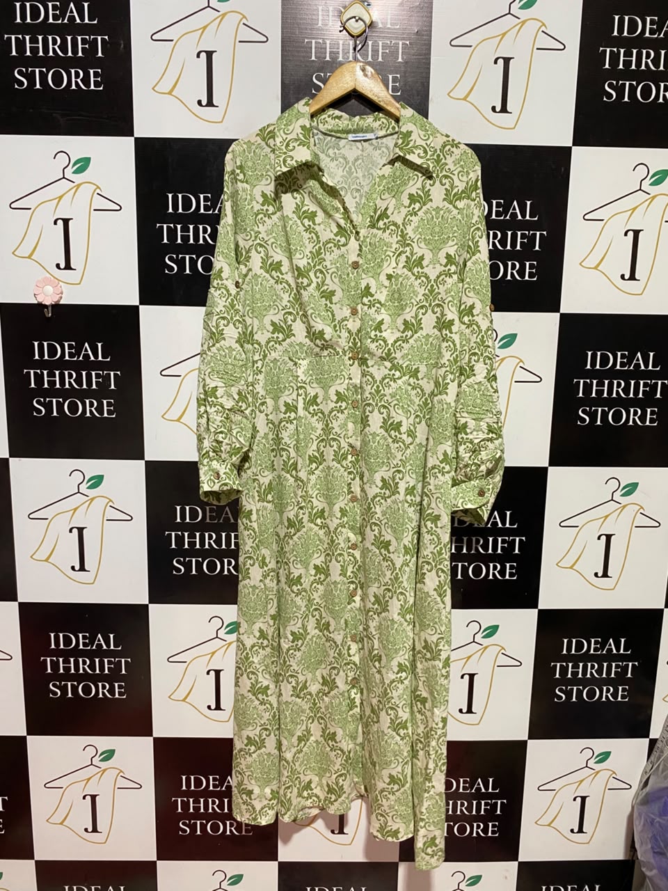 VALLEY GIRL |XL| BUST 22| B36| WOMEN'S ELEGANT GREEN DAMASK PRINT BUTTON-DOWN MIDI DRESS WITH SHIRT COLLAR AND LONG CONVERTIBLE SLEEVES