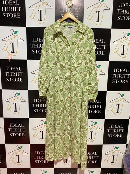 VALLEY GIRL |XL| BUST 22| B36| WOMEN'S ELEGANT GREEN DAMASK PRINT BUTTON-DOWN MIDI DRESS WITH SHIRT COLLAR AND LONG CONVERTIBLE SLEEVES