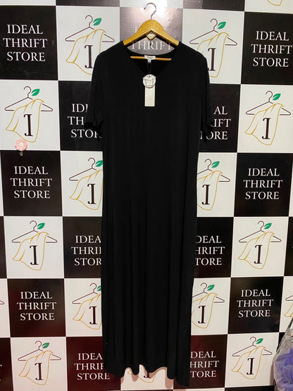 BASIC THREADZ |XL| BUST 22| B36| WOMEN'S CLASSIC SOLID BLACK V-NECK MAXI T-SHIRT DRESS WITH SHORT SLEEVES