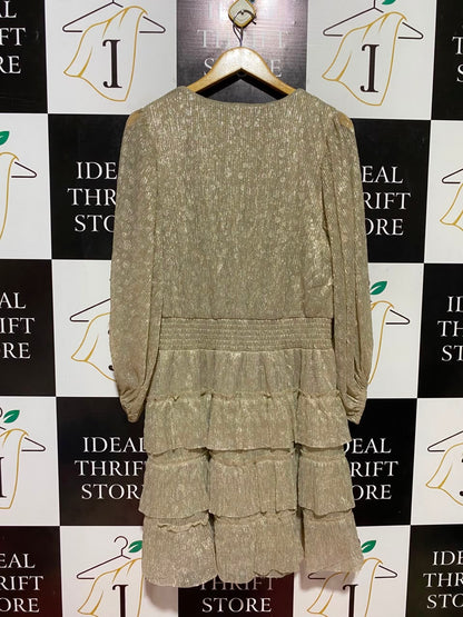 MSK |XL| BUST 20| B36| WOMEN'S METALLIC SHIMMER GOLD V-NECK TIRED COCKTAIL DRESS WITH SMOCKED WAIST AND LONG SLEEVES