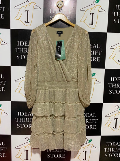 MSK |XL| BUST 20| B36| WOMEN'S METALLIC SHIMMER GOLD V-NECK TIRED COCKTAIL DRESS WITH SMOCKED WAIST AND LONG SLEEVES