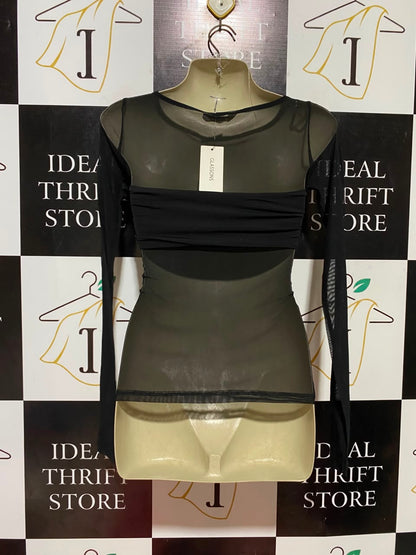 GLASSONS |XS| BUST 15| B36| CHIC BLACK LONG-SLEEVE MESH TOP WITH SWEETHEART RUCHED BUSTIER - SHEER BODYCON BLOUSE FOR WOMEN