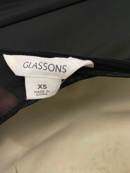 GLASSONS |XS| BUST 15| B36| CHIC BLACK LONG-SLEEVE MESH TOP WITH SWEETHEART RUCHED BUSTIER - SHEER BODYCON BLOUSE FOR WOMEN