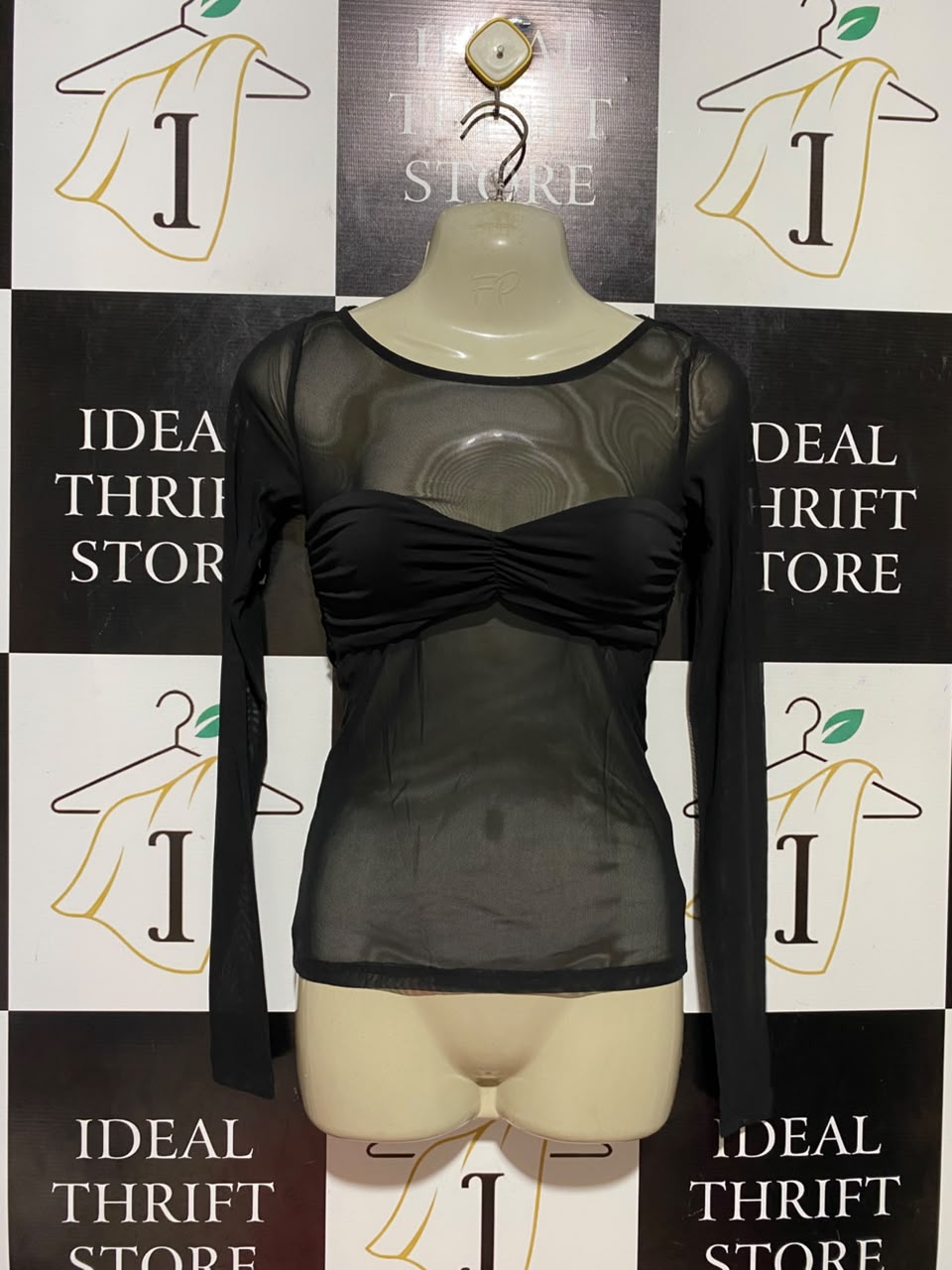 GLASSONS |XS| BUST 15| B36| CHIC BLACK LONG-SLEEVE MESH TOP WITH SWEETHEART RUCHED BUSTIER - SHEER BODYCON BLOUSE FOR WOMEN