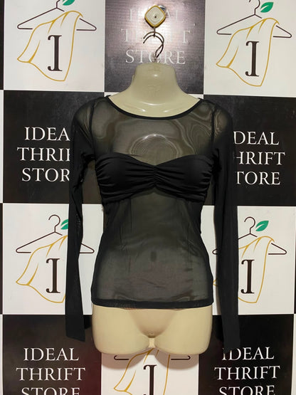 GLASSONS |XS| BUST 15| B36| CHIC BLACK LONG-SLEEVE MESH TOP WITH SWEETHEART RUCHED BUSTIER - SHEER BODYCON BLOUSE FOR WOMEN