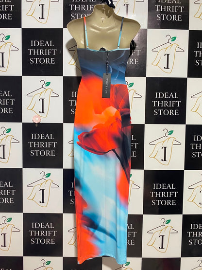 WHITE FOX |XS| BUST 15| B36| VIBRANT MULTICOLOR FLORAL PRINT MAXI DRESS - SLEEK STRAPPY HIGH-STRETCH BODYCON LONG DRESS FOR WOMEN