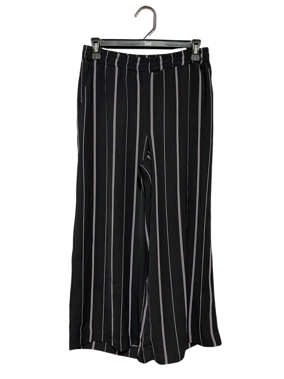 GLASSONS |S| WAIST 27| B37| BLACK AND WHITE PINSTRIPE WIDE-LEG PANTS - HIGH-WAISTED ELASTIC BAND LOUNGE TROUSERS WITH POCKETS