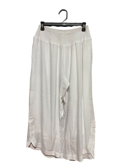 CIRCLE OF FRIENDS |M| WAIST 28| B37| PURE WHITE WIDE-LEG LINEN-LOOK PANTS - HIGH-WAISTED SMOCKED SUMMER CULOTTES WITH SIDE SLITS