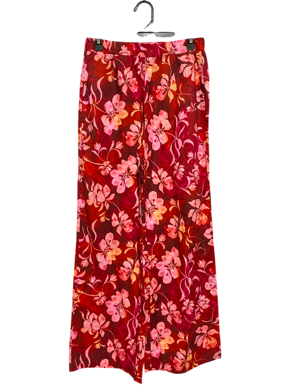 OWNLEY |M| WAIST 28| B37| RED TROPICAL FLORAL WIDE-LEG PANTS - HIGH-WAISTED SUMMER LOUNGE TROUSERS WITH POCKETS