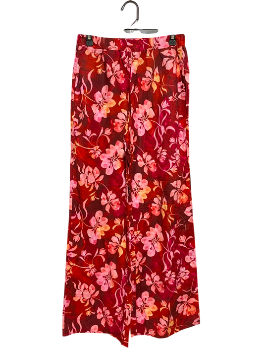 OWNLEY |M| WAIST 28| B37| RED TROPICAL FLORAL WIDE-LEG PANTS - HIGH-WAISTED SUMMER LOUNGE TROUSERS WITH POCKETS