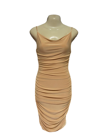 PINK VANILLA |M| BUST 17| B37| WOMEN'S NUDE BEIGE COWL NECK RUCHED BODYCON DRESS