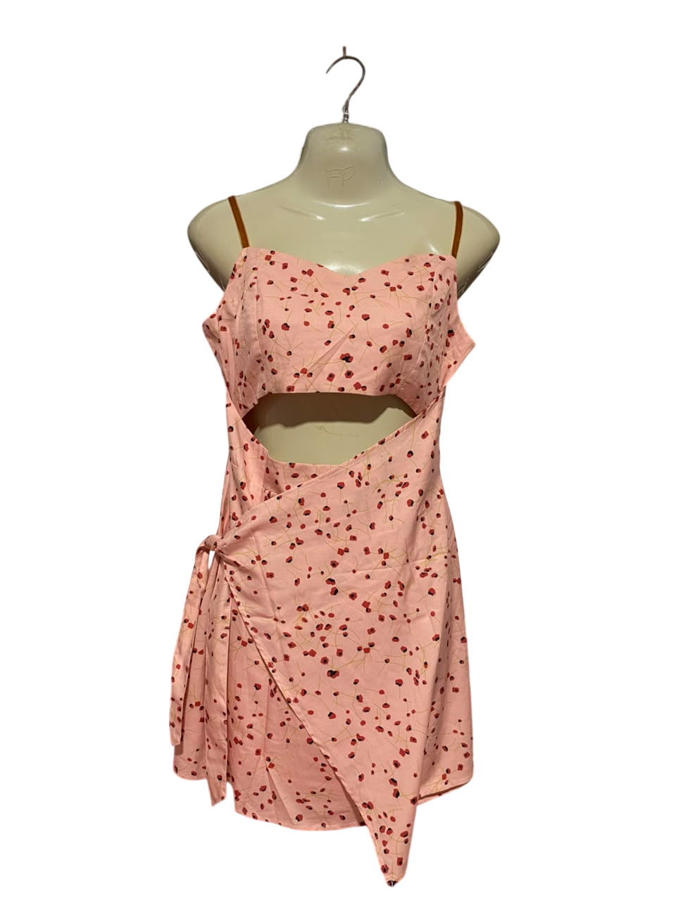 |M| BUST 18| B37| WOMEN'S PINK FLORAL PRINT CUT-OUT WRAP MINI DRESS