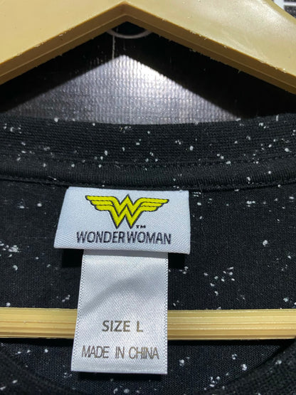WONDER WOMAN |L| BUST 20| B37| WOMAN BLACK SPECKLED T-SHIRT METALLIC GOLD LOGO GRAPHIC TEE