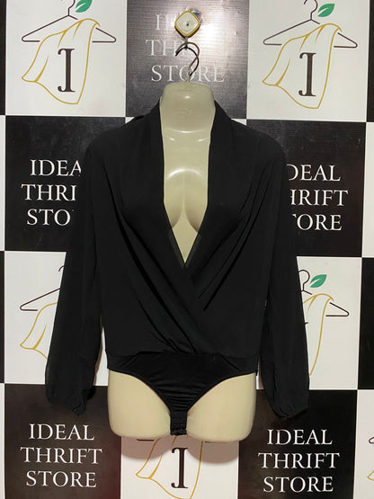 BOOHOO |L| BUST 20| B38| WOMEN'S BLACK DEEP V-NECK LONG SLEEVE BODYSUIT