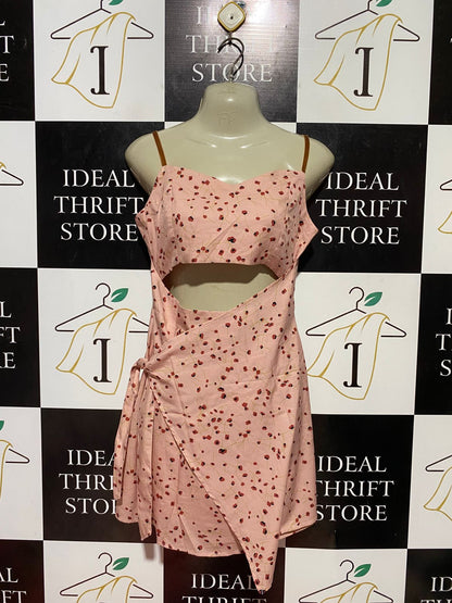 |M| BUST 18| B37| WOMEN'S PINK FLORAL PRINT CUT-OUT WRAP MINI DRESS