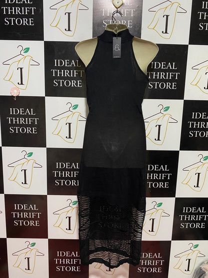 LIS6IX |S| BUST 16| B37| WOMEN'S BLACK HALTER MOCK NECK MIDI DRESS