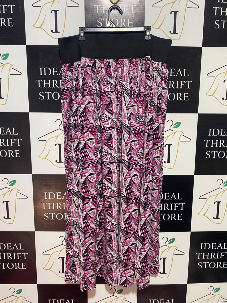 QUEEN THE LABLE |XXL| WAIST 40| B37|  GEOMETRIC PRINT MAXI SKIRT - CHIC PINK AND BLACK HIGH-WAISTED FLOWY LONG SKIRT